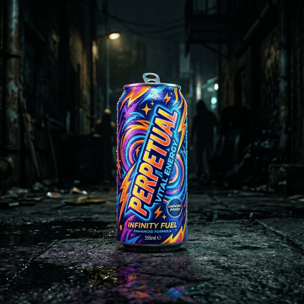 Vibrant Perpetual energy drink can in dark alley with graffiti.